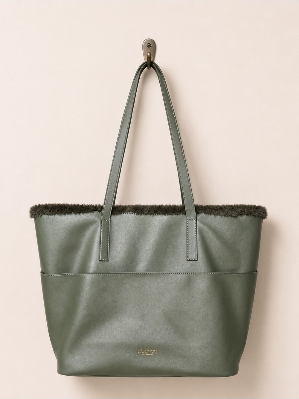 Olive Green Faux Leather Tote with Faux Fur Trim